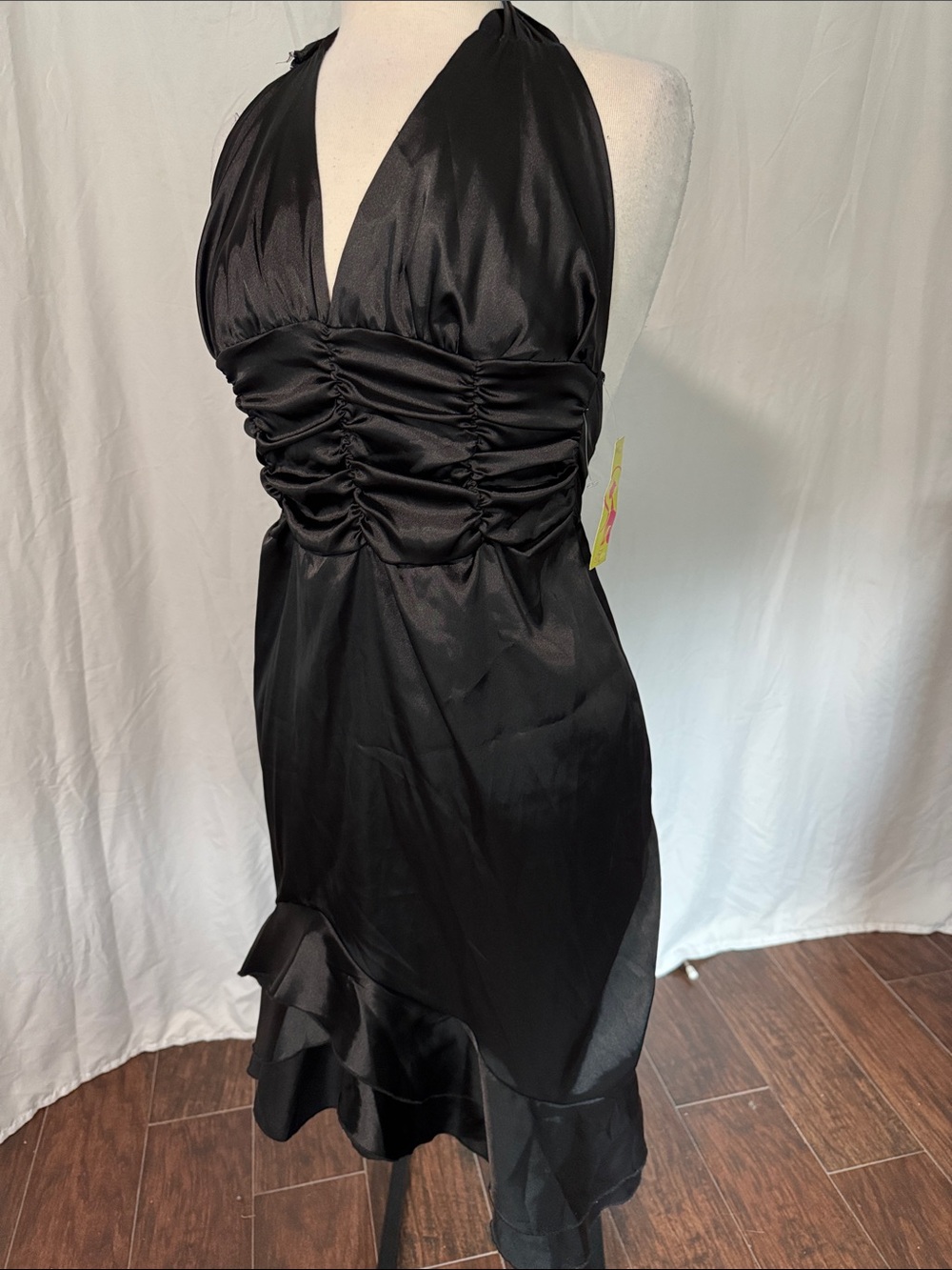 Black Halter Ruched High-Low Satin Dress Size L